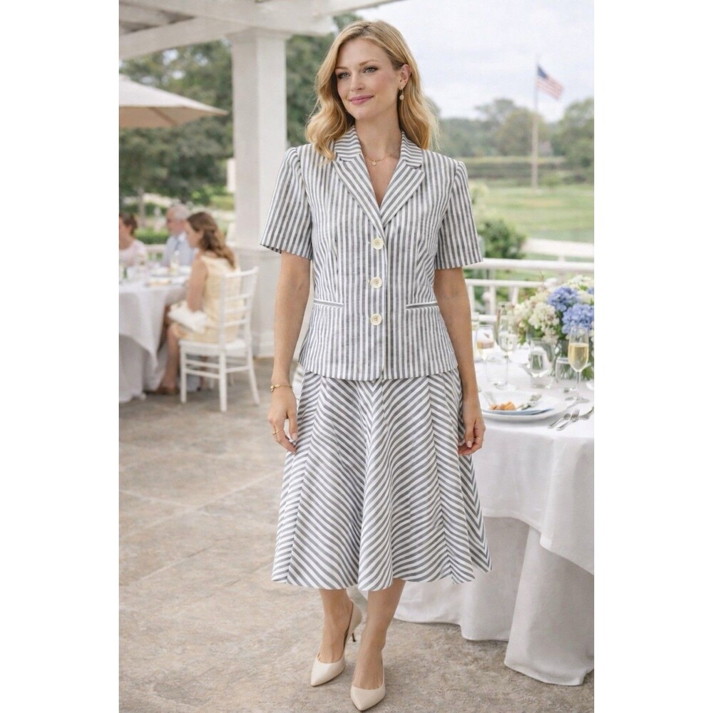 Sprago Grey And White Stripe Skirt Suit Polyester/ Seersucker Feel Size 10